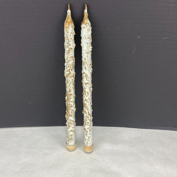 Vintage Pair Faux Melting Taper Candles Painted Gold Blue Green - Picture 3 of 10